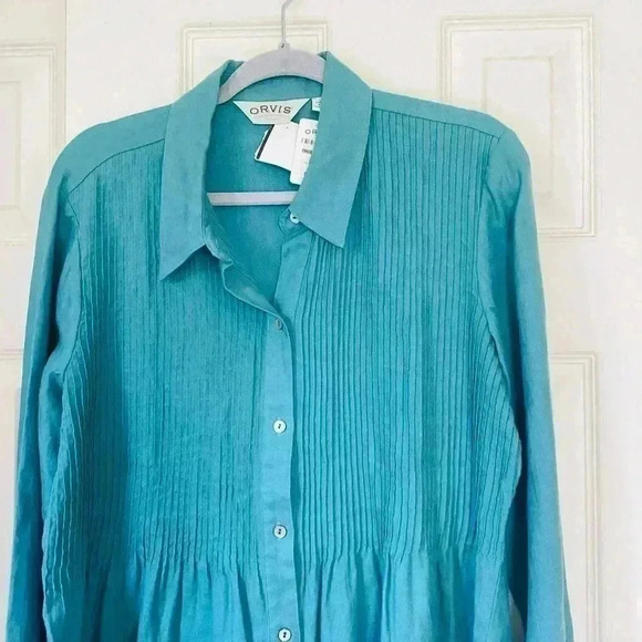 NWT Orvis Ocean / Teal Green button down 100% linen shirt Size Large - Picture 2 of 5